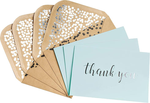 50 Pack 52 4" 6" Thank You Cards - Blank Baby Blue Matte Finish Cards with Silver Foiled "Thank You" Printed