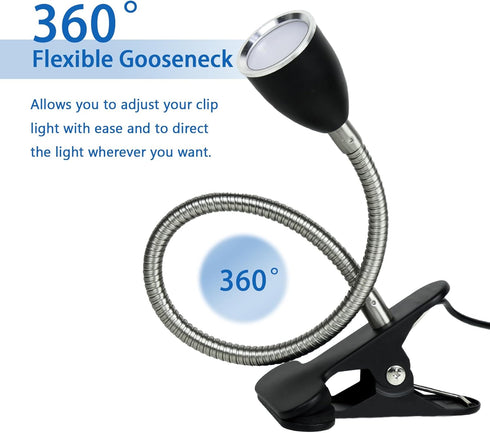 Eye-Caring Desk Lamp, 360 Gooseneck Clip on Reading Light, Portable Study Desk Lamp for Bedroom and Office (Black-C01)