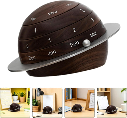 Wooden Rotating Perpetual Desk Calendar with Vintage Earth and Planet Design, Minimalist Office and Home Desktop