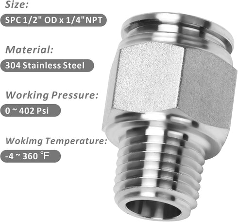 Push to Connect Fitting - 304 Stainless Steel Male Straight 1/2" Tube OD x 1/4" NPT