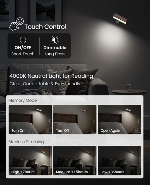 360Rotate (1 Pack Wood LED Wall Sconce Magnetic Wall Mounted Lamp Brightness Adjustable Night Lights Rechargeable