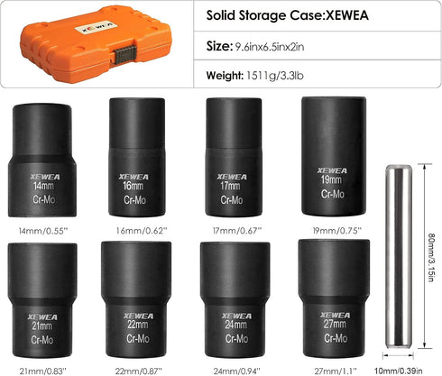 XEWEA 9PCS Lug Nut Extractor Set, 1/2" Drive Impact Bolt Nut Remover for Damaged Bolts