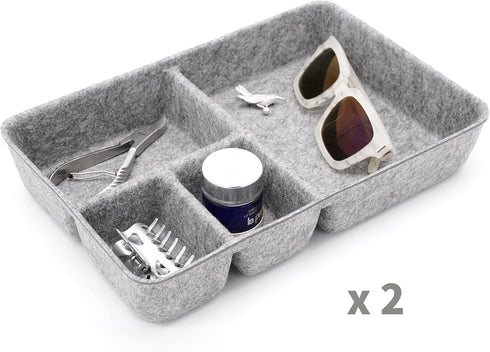 Welaxy Junk Drawer Organizer Bin with 4 Compartments, Felt Trays, 2 Dividers, Multi-Purpose Storage (Grayx2)