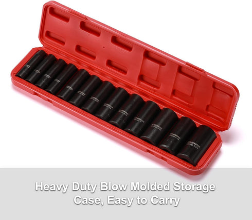 1/2-Inch Set, 13 Set, 7/16"-1-1/4", CASOMAN Drive Deep Impact Socket Pieces CR-MO, SAE, Heavy Duty Storage Case