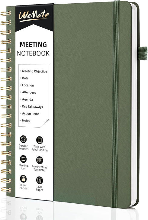 WEMATE Simplified Meeting Notebook for Work, 200 Pages, Office Supplies for Project Planner, PU Leather Hardcover