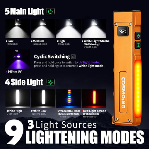 COSMOING 1800 9 Rechargeable EDC Flashlight, Lumens Flat Flashlight Mode with White LED/UV/RGB Modes, Magnetic Clip-on