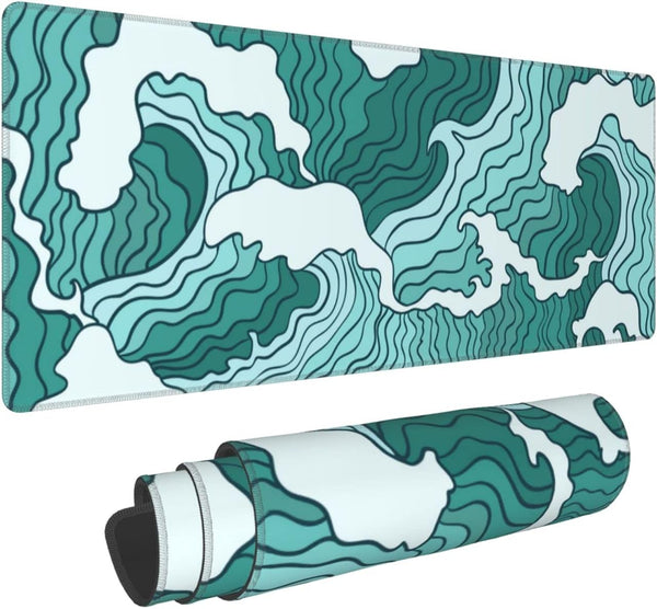 XL Japanese Green and White Wave Gaming Mouse Pad, Non-Slip Rubber Base, Stitched Edges, 31.5 x 11.8 Inch