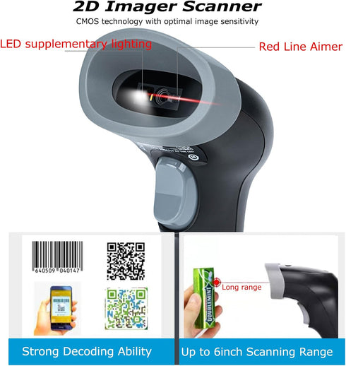 TEEMI 2D 1D/QR USB Barcode Scanner with Stand, Code Reader for Inventory, Handsfree Scanning Gun for Warehouse