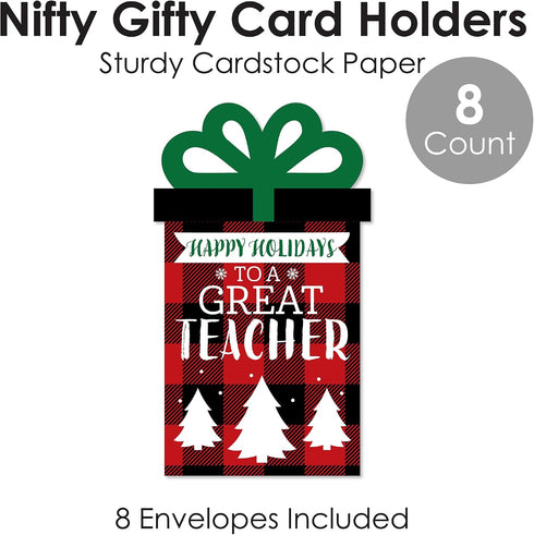 Set 8 Big Dot of Happiness Plaid Holiday Teacher Appreciation Gift Card Holders with Envelopes, Thank You Teacher