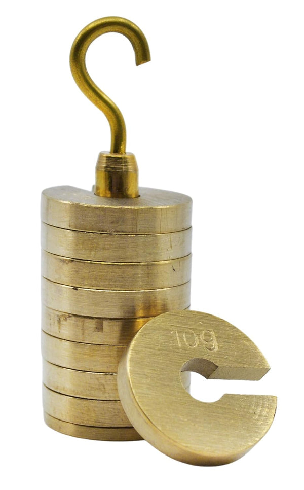 EISCO Slotted Weight Set, 100g - Brass with Hook, Removable Weights - 10g Each