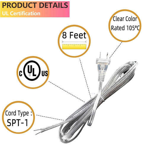 Clear Lamp Cord - 8 Feet Length Silver Replacement Lamp Cords for Lamp Repair, DIY Project, Rewire Electrical Cable
