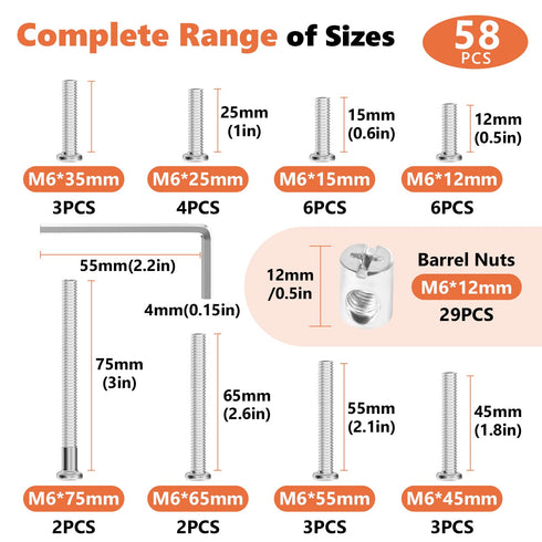 Kalote 58PCS Set Set (M6*12/15/25/35/45/55/65/75mm) Crib Screws Hardware Replacement Kit, Baby Bed Frame Bolts & Barrel
