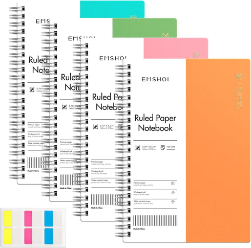 EMSHOI College Ruled Spiral Notebook, 4 Pack, 5.7" x 8.22", 640 Pages, Plastic Hardcover, Orange, Green, Pink, LightBlue