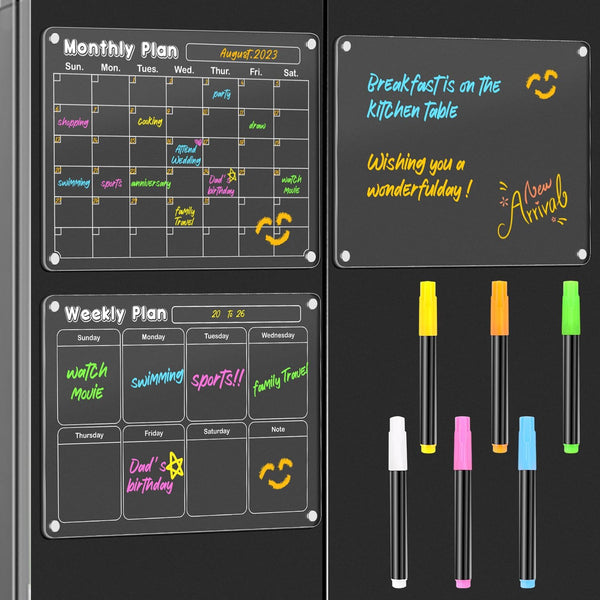 DIYMAG 3Pcs Acrylic Magnetic Dry Erase Calendar for Fridge, Clear Weekly Monthly Planner Menu with 6 Highlight Markers