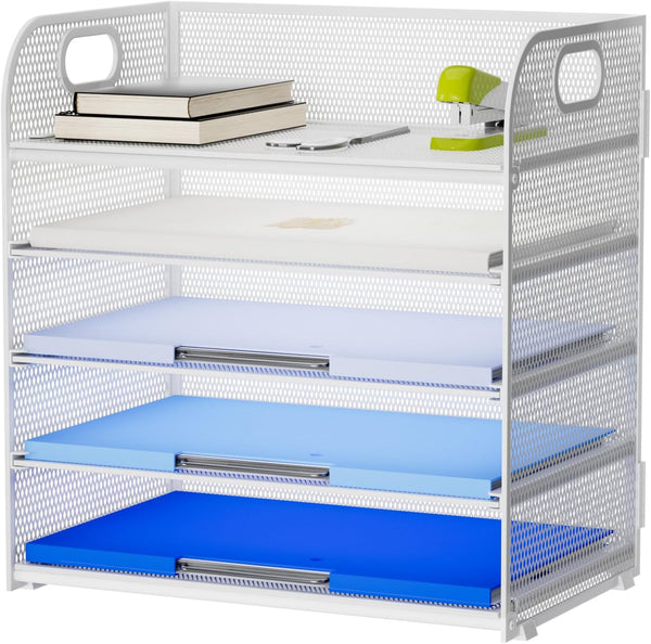 Marbrasse Paper Organizer Letter Tray, 5 Tier Mesh File Organizer with Handle for Home Office Supplies - White