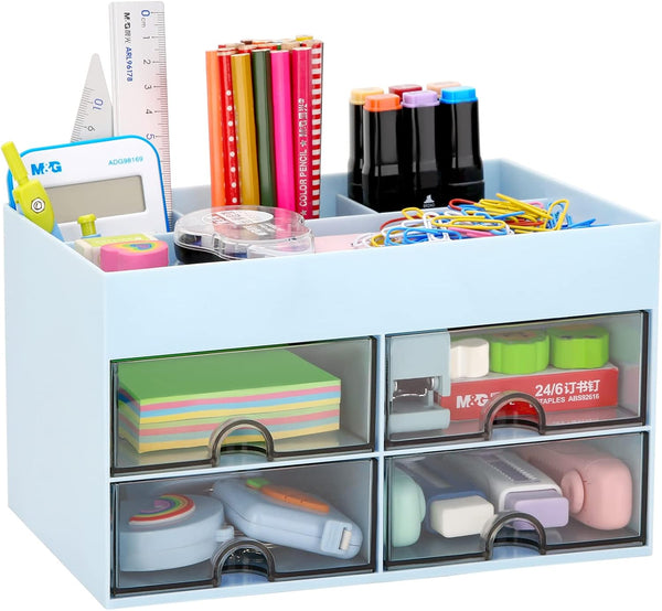 LETURE Desk Organizer with Drawer, Blue Desktop Accessories Caddy for Pens, Business Cards, and Paperclips