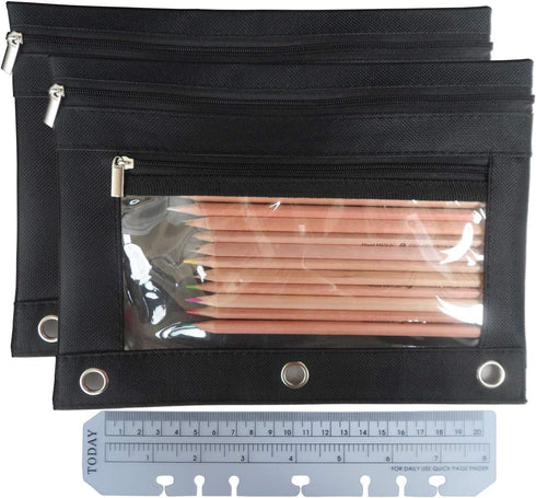 Enyuwlcm 3 Ring Binder Pencil Pouch - Durable Zipper Pencil Case with Clear Window, 2 Pocket Black Canvas, 4 Pack