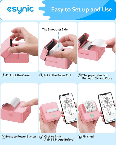 eSynic Printer-500mAh 10 Portable Mini Sticker USB-C Rechargeable-Bluetooth Mini Printer-Lnkless Printing-Comes