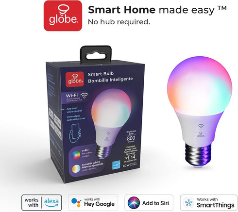 10W Bulb, 2000K5000K, A19 E26 34212 Globe Electric Wi-Fi Smart LED Multicolor RGB + Tunable White Shape, Base, App +