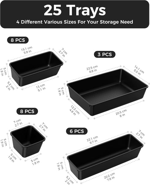 BiuLeon 25 Set, 4-Sizes PCS Plastic Drawer Organizers Vanity and Makeup Organizer, Desk and bathroom Drawer Organizer