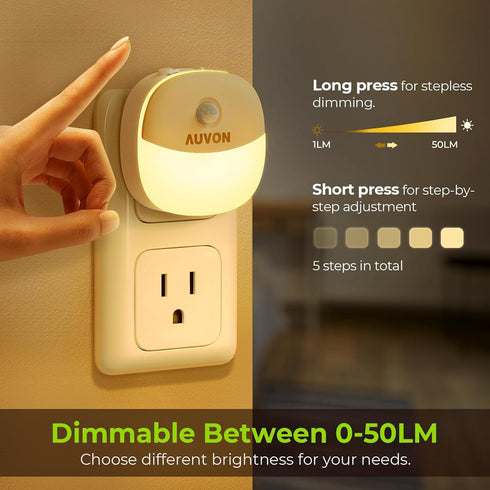 1-50 4 Packs AUVON Plug in Night Light with Motion Sensor and Dusk to Dawn Sensor, Mini Warm White LED Nightlight