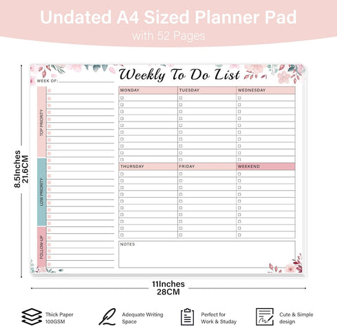Weekly To Do List Notepad with 52 Undated Tear Off Sheets(8.5"×11") Weekly Desk Planner Pad with Spiral Binding for Women & Man, Work, School and Home Organizer (Pink) by TREES