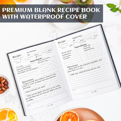 Perfect Blank Recipe Book - Recipe Notebook to Write In Your Own Recipes, Waterproof Cover, 186 Pages (dark blue)