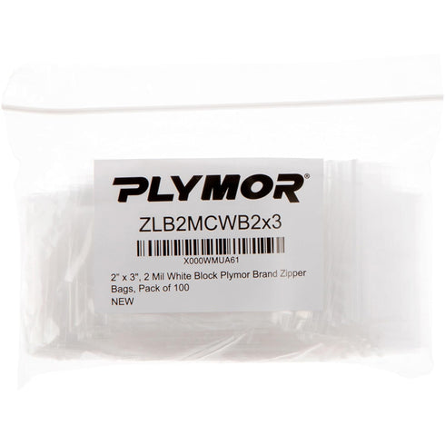 2" x 3" Reclosable Plastic Bags, 2 Mil, White-Block, Pack of 100, Plymor