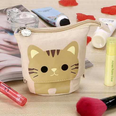 Telescopic Pencil Pouch, Cute Standing Pen Holder, Cartoon Pencil Storage Box (Khaki)