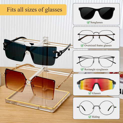 2-Tier 2 Trimmed Counter Acrylic Sunglasses Display Stand, Clear Glasses Stand for Pairs, Luxury Gold Eyeglasses Holder