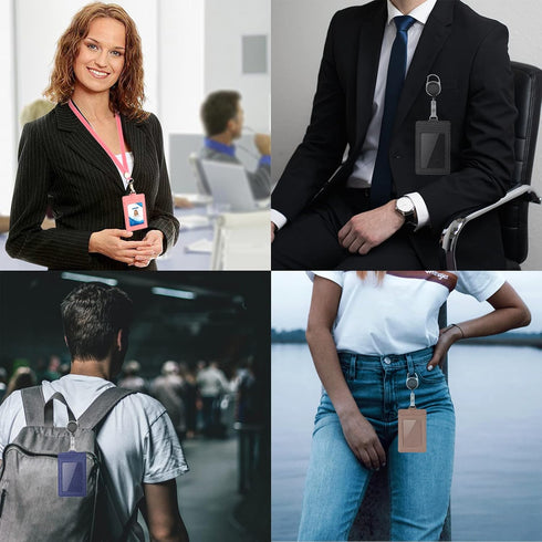 Leather ID Badge Holder Wallet Case with Neck Lanyard/Strap, 3 Card Slots & Retractable Badge Reel (Rose Gold)
