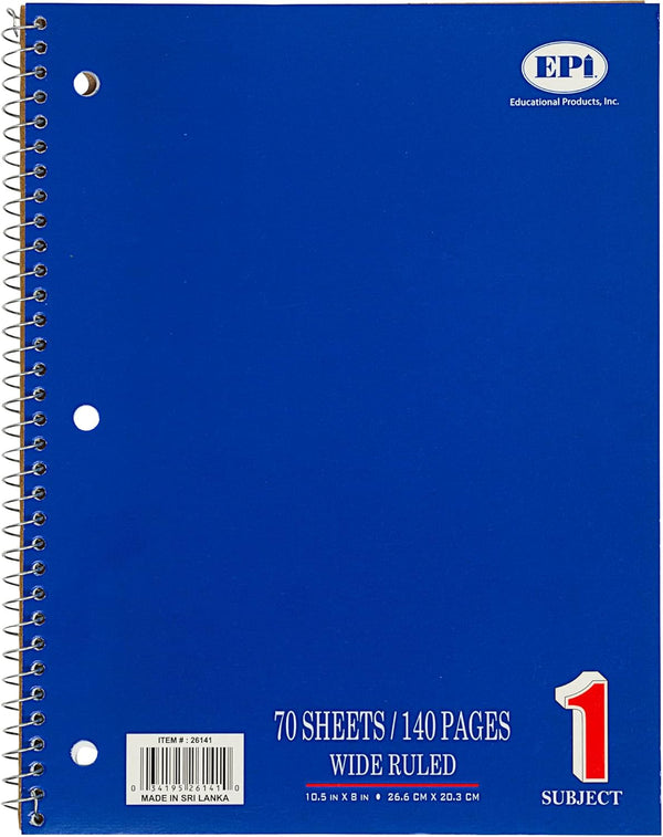 EPI Spiral Notebook, 1 Subject, Wide Ruled Paper, 70 Sheets, Blue, 3 Pack