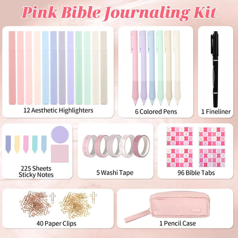NEWEST Bible Journaling Kit, Bible Study Supplies, No Bleed Highlighters and Pens, Pink Bible Tabs, Aesthetic Tools