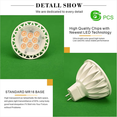 MR16 LED Bulb, 3W (35W Halogen Equivalent), 6 Pack, 2700K GU5.3 Base, 12V Spotlight for Indoor Outdoor Lighting