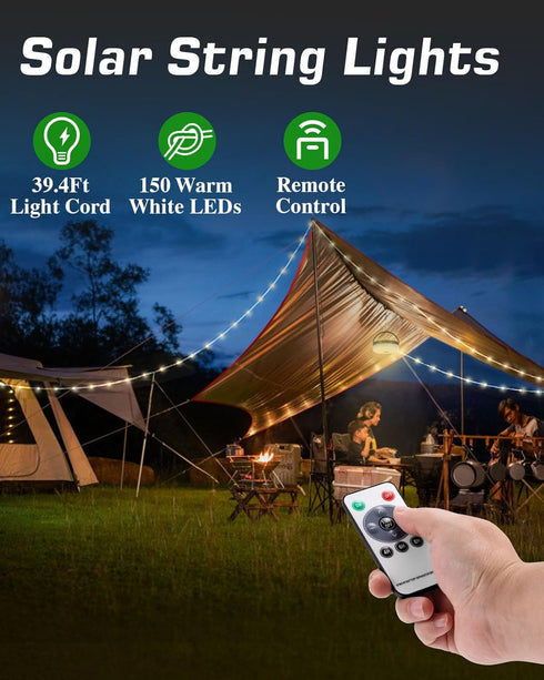 4 1: 39.4Ft 150LEDs, 3600mAh Anpro Solar Camping String Lights in Ultra Long Outdoor String Lights Solar Powered