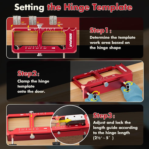 2.5" 5" 1/4" 5/8" 1-3/4" Door Hinge Jig, Aluminum Alloy Router Template Kit, Adjustable Mortise Jig for to Hinges, Fits