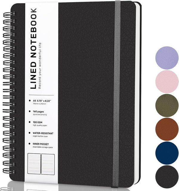 Lined Spiral Journal Notebook, A5 Hardcover Leather, 5.7''×8.2'', 100GSM Thick Paper, Spiral Bound