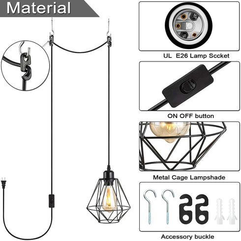 Laihezz Black Metal Plug in Pendant Light, Hanging Light Fixture with Plug in Cord, Hanging Lights with Plug in Cord