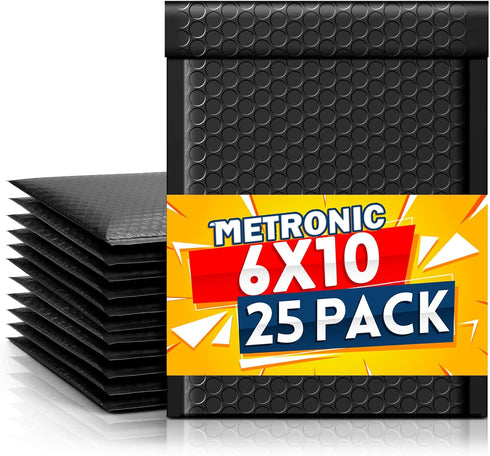 Metronic 25 Pack Bubble Mailers 6x10 Inch, Usable Size 6x9" Black Waterproof Padded Envelopes for Gifts Packaging,