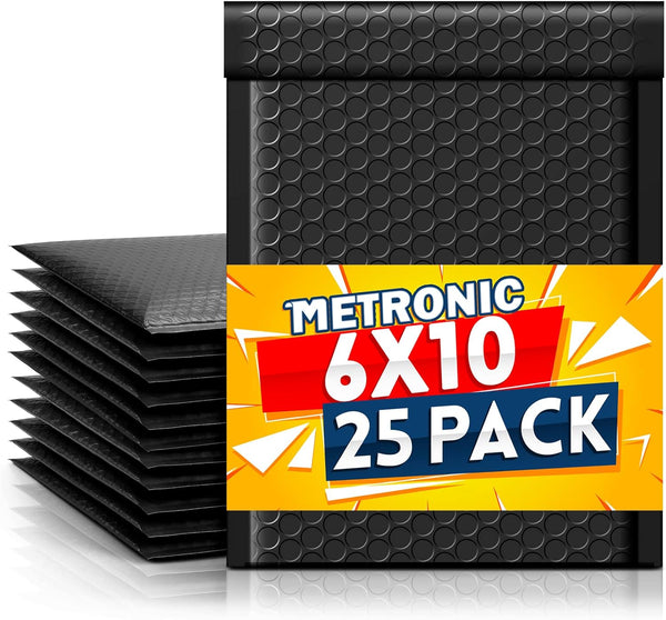 Metronic 25 Pack Bubble Mailers 6x10 Inch, Usable Size 6x9" Black Waterproof Padded Envelopes for Gifts Packaging,