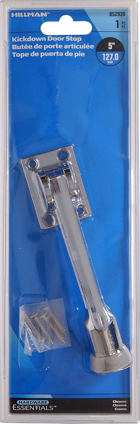 Hillman 5" Kickdown Door Stop - Satin Chrome, Heavy Duty Doorstoppers with Ribbed Rubber Foot, 1-Pack | 852939