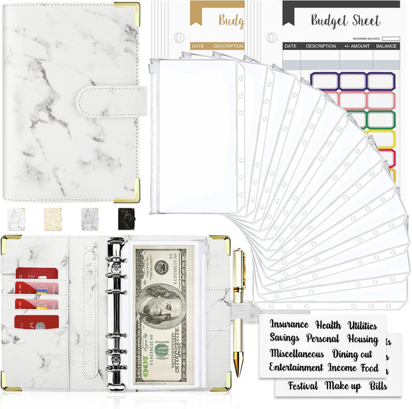 Onlyesh Budget Binder - 28Pcs Cash Envelopes for Budgeting, Marble 6-Ring Money Organizer Binder (White)