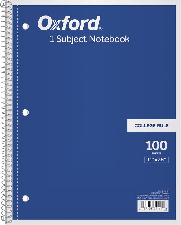 Oxford 1-Subject Notebooks, Spiral, 8 x 11, College Rule, 100 Sheets, Color Assortment May Vary