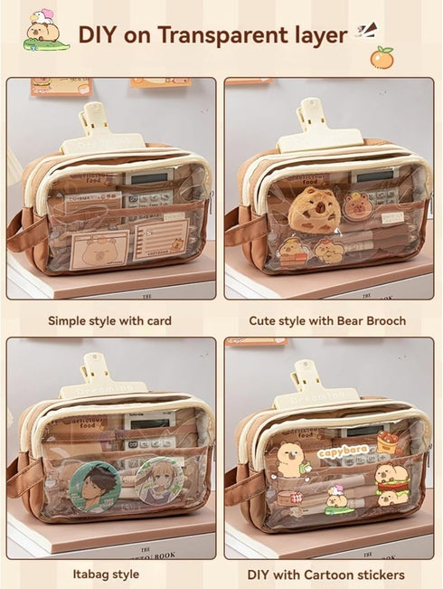 Large Capacity Pencil Pouch, Multi-Layer Transparent Waterproof Zippered Case with Bonus Doll & Stickers, YS2401