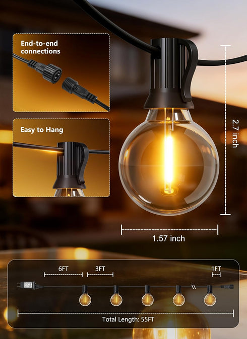 55FT 17 G40 Bulbs Dimmable Brightown Outdoor String Lights, Shatterproof Patio Lights, Waterproof Hanging Connectable