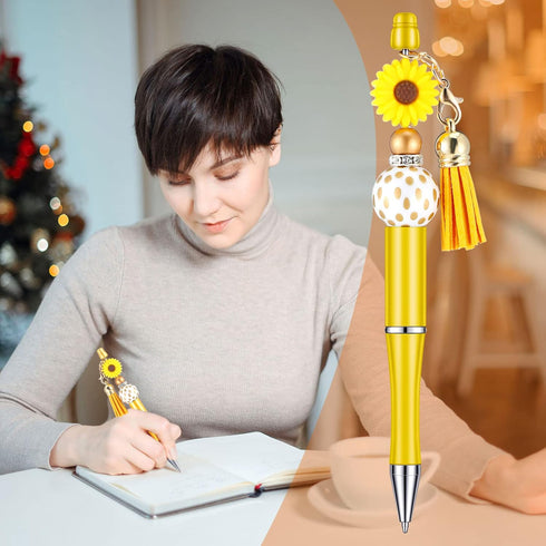 Teling 12 Pcs Beadable Pens, Plastic Black Ink Ballpoint Pen with Assorted Spacer Beads for DIY