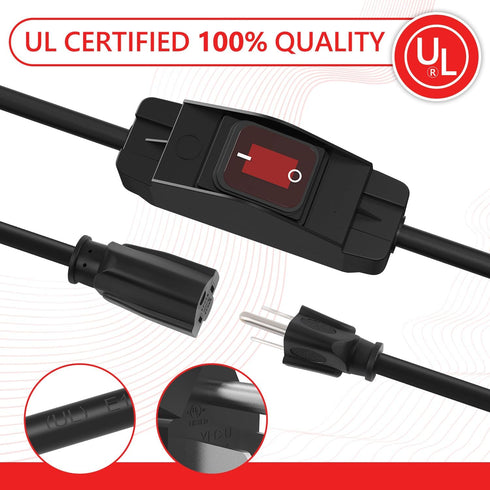 Newdeli Extension Cord with Switch On/Off, 2 Foot Black Short Outdoor Extension Cord, 14AWG