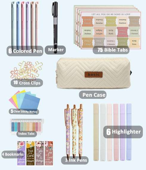 PartyGalore Bible Study Supplies Journaling Kit with Highlighter, Tabs, Pen Case, Bookmark, and Accessories for Women