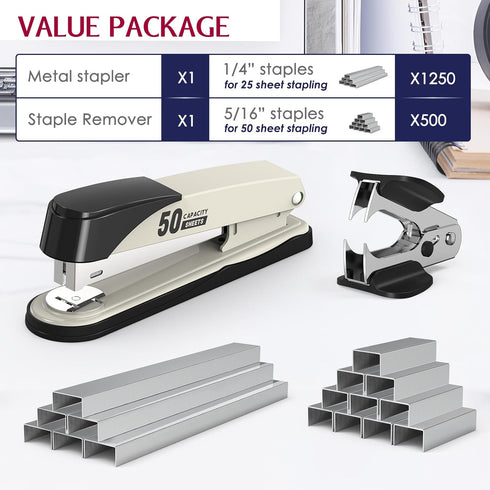 Metal Stapler Heavy Duty 50 Sheet Capacity with 1750 Staples and Staple Remover, White Stapler Full Strip Staplers for Desk, No Jam, Non-slip Office Stapler with Staples for Office & Classroom, White by Swihauk