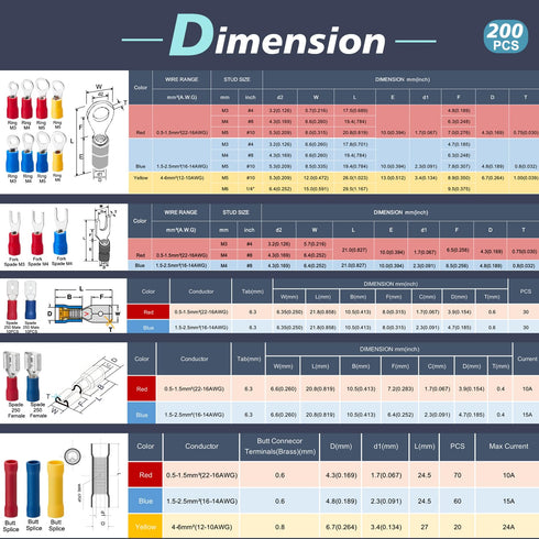 Chanzon 200pcs Insulated Crimp Wire Connector Terminal Assortment, Butt Splice, Male & Female Spade, Fork, Ring Kit